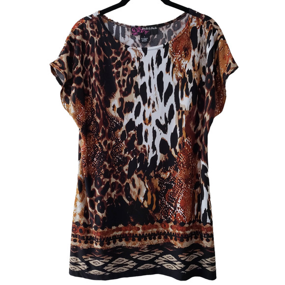 Peck & Peck Animal Print Dolman Short Sleeve Tunic Top, Brown & Black, Sz L - Picture 1 of 8